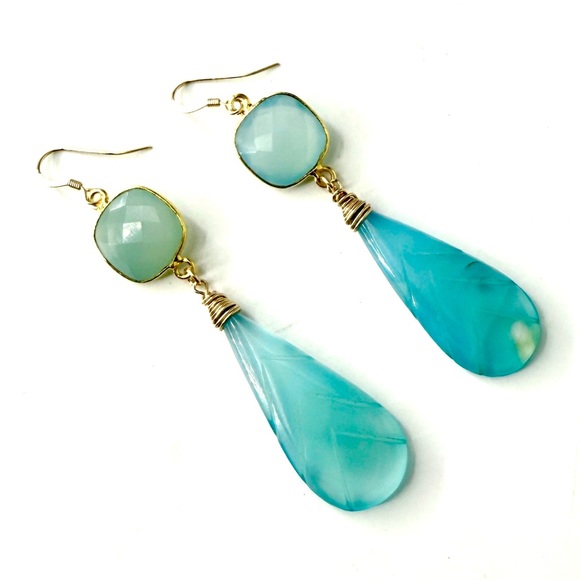 Long Aqua Blue Chalcedony Earrings - Picture 2 of 4